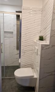 a white bathroom with a toilet and a shower at Apartment ILLARIA in Rijeka