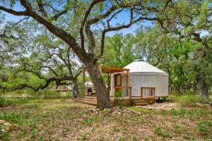 eine Jurte auf einem Feld mit einem Baum in der Unterkunft OT 3515E Texas Yurt Haus 5 Yurts in New Braunfels