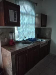 a kitchen with a counter and a sink and a window at HOTEL Y VILLAS CASA AZUL in Rincon de Guayabitos