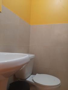 een badkamer met een wit toilet en een wastafel bij Casa La Ruta Pisco in Pisco +8 foto's