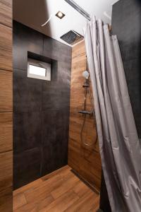 a shower with a shower curtain in a bathroom at Гостьовий дім Білий пацюк in Kamianets-Podilskyi