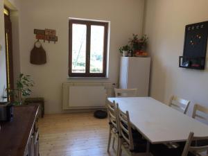 a kitchen with a table and a refrigerator at Apartment Dedo in Koper