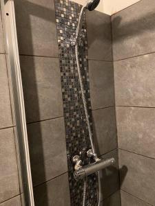 La salle de bains est pourvue d'une douche avec une porte en verre. dans l'établissement Bel appartement avec emplacement idéal, à Saint-Laurent-du-Var