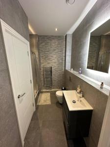 a bathroom with a sink and a toilet and a mirror at Entire 2 bedroom apartment! in Whetstone