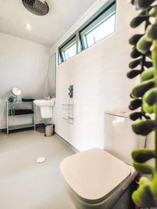 a bathroom with a toilet and a sink at Bective Mill Glamping & Camping 