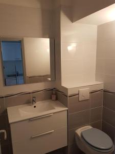 a bathroom with a sink and a toilet and a mirror at Studio La Grande Motte, au plus près des plages in La Grande Motte