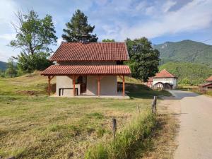 a small house with a red roof on a hill at Dolina Plive in Jezero