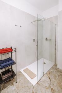 a shower with a glass door in a bathroom at Dimore Dalle Zie in Alberobello