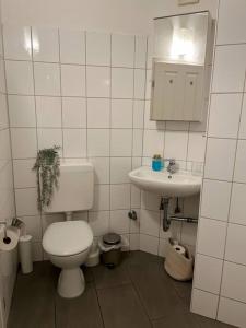 a small bathroom with a toilet and a sink at Zentral, geräumig, Messe nah! BE2R in Essen