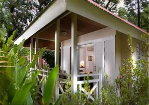 a white house with a porch and some plants at EVASION Bungalow Tropical Spa in Sarraméa +27 photos