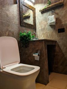 a bathroom with a toilet and a sink and a mirror at THE FOX RETREAT in Mukteshwar