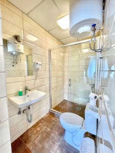 un bagno con wc, lavandino e doccia di Mother Teresa Apartment a Skopje