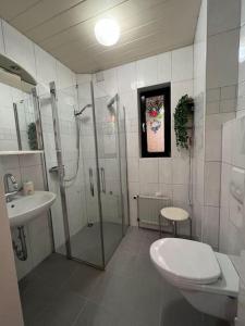 een badkamer met een douche, een toilet en een wastafel bij Duisburg FeelHome, Flughafen nah,3-Schlafzimmer, Dusche ebenerdig, Zentral, WiFi, Ground Floor in Duisburg