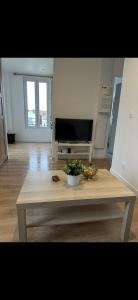 salon ze stolikiem kawowym i telewizorem w obiekcie Appartement Moderne et Chic w mieście Châtillon