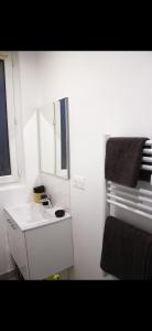 małą białą kuchnię ze zlewem i oknem w obiekcie Appartement Moderne et Chic w mieście Châtillon