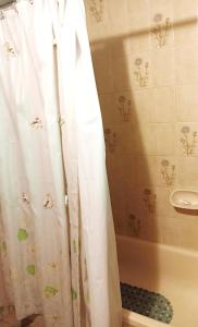uma casa de banho com uma cortina de chuveiro e uma banheira em "C" SPACIO HOSTEL - Habitación Compartida por separado para femenino o masculino- em Mendoza