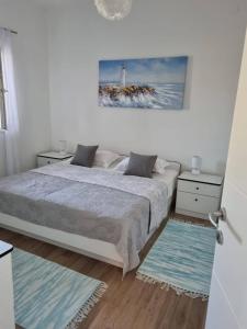 1 dormitorio con 1 cama y 2 alfombras en Apartments with a parking space Postira, Brac - 727, en Postira