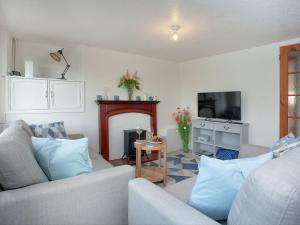 a living room with a couch and a fireplace at Summer Cottage in Bideford