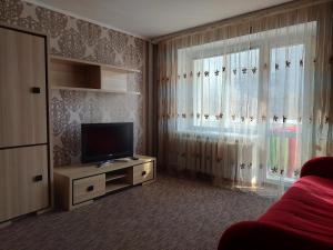een woonkamer met een televisie en een raam bij Однокімнатна на проспекті Соборності, біля Там-таму in Loetsk