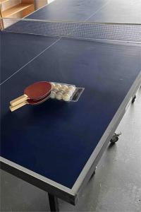 una mesa de ping pong con una paleta y bolas. en Charming 5BR Family Home w/Pool 10min from Airport en Brisbane