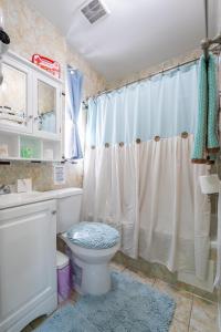 uma casa de banho com um WC, um lavatório e um chuveiro em A slice of paradise awaits you! em Brooklyn