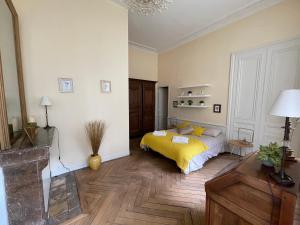 sypialnia z łóżkiem z żółtym kocem w obiekcie Le villequier 8 Rouen centre w Rouen