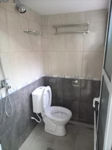 y baño con aseo blanco y ducha. en Moderno Apartamento Mendoza Céntrico en Mendoza