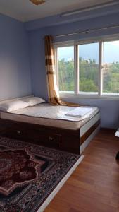 Bett in einem Zimmer mit 2 Fenstern und einem Teppich in der Unterkunft Mountainshade Home in Kathmandu