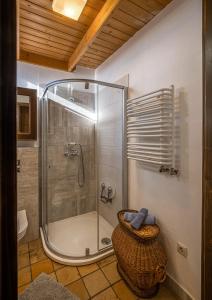 a bathroom with a shower and a basket at Tagyon Birtok Royal Apartmanház in Tagyon