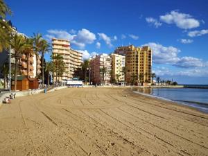 einen Strand mit Gebäuden, Palmen und dem Meer in der Unterkunft Casa Marrón, Playa Flamenca in Playa Flamenca