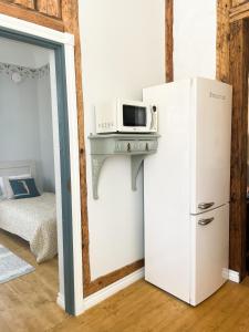 a microwave on a shelf next to a refrigerator at Spacious Supeluse Apartment in Pärnu