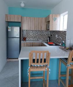 a kitchen with a counter and a sink and a refrigerator at Phoenix, Langenhovenpark, Bfn near Inibos parkrun. in Bloemfontein