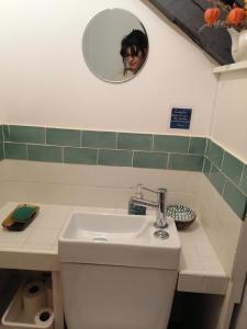 a bathroom with a sink and a person in a mirror at Gîte LA Maison LA in Saint-Aubin-dʼAubigné