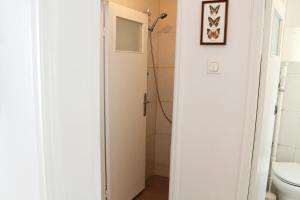 a bathroom with a shower and a toilet at Magdalene's house in Poros