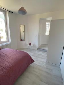 a white room with a bed and a mirror at Pink Cosy in Louviers