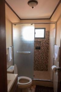 uma casa de banho com um chuveiro, um WC e um lavatório. em Casa Hacienda Real em Siguatepeque