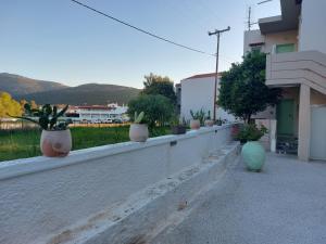 a row of potted plants on a wall at Vιtamin Sea apartment 8, Απολαυστική διαμονή στον Αλμυροπόταμο! in Almiropotamos