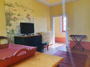 a living room with a tv and a table at Corte Malpensata in San Giorgio Di Mantova