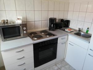 a small kitchen with a stove and a microwave at Pension Winter in Mücheln