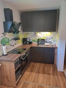 a kitchen with black cabinets and wooden floors at Hof Helmenhube 2 in Gammelsbach