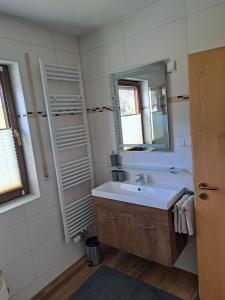 La salle de bains est pourvue d'un lavabo et d'un miroir. dans l'établissement Hof Helmenhube 2, à Gammelsbach