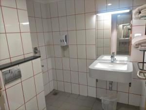 bagno con lavandino e specchio di TERRACE BUSINESS HOTEL KOZHIKODE a Kozhikode
