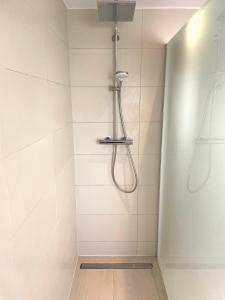 a bathroom with a shower with a shower head at Weststadt Apartment in Baden-Baden