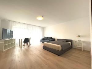 a bedroom with a bed and a couch and a television at Weststadt Apartment in Baden-Baden