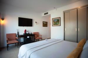 a bedroom with a bed and a desk and a television at Hotel Aires de l'Emporda in Vilacolum