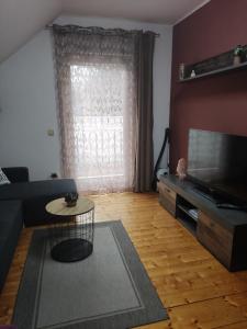sala de estar con sofá, mesa y TV en Apartments Irena, en Kranjska Gora