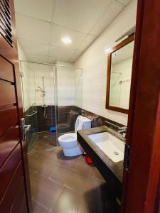 La salle de bains est pourvue de toilettes, d'une douche et d'un lavabo. dans l'établissement NINE HOUSING Truc Bach, à Hanoï