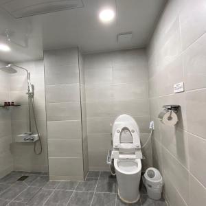 a bathroom with a toilet and a shower at Seolli Resort Pension in Namhae