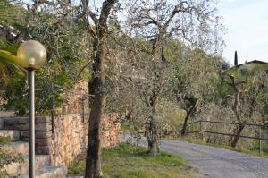 un mur en pierre avec une lumière de rue près d'un arbre dans l'établissement Residence Castelli, à Brenzone