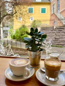 dos tazas de café en una mesa con una maceta en Hirsch Appartements, en Baden-Baden